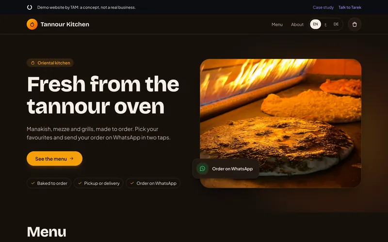Tannour Kitchen: The home page on a laptop